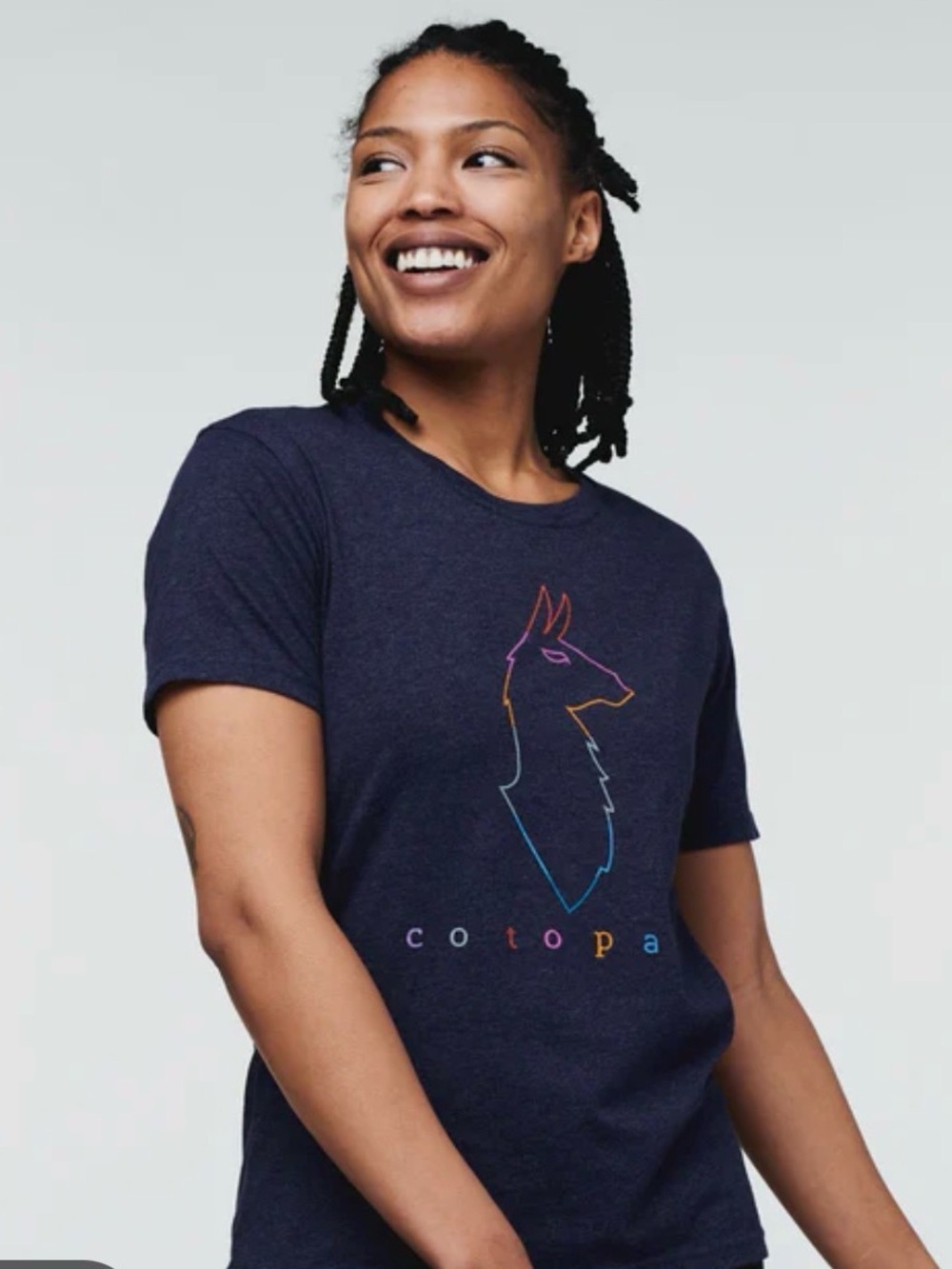 Cotopaxi XS electric llama blue organic cotton short sleeve tee